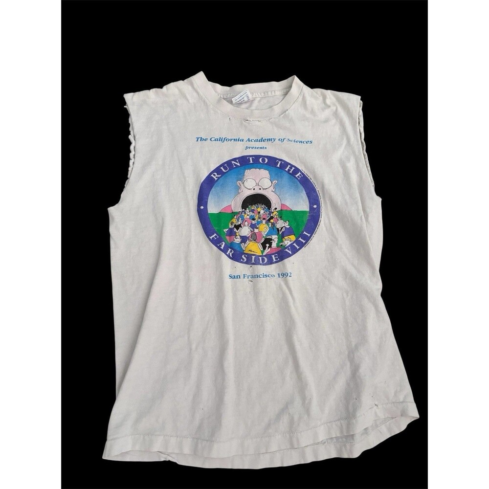 Vtg 90s THRASHED Far Side Graphic San Francisco Run Muscle Tee Ripped Destroyed